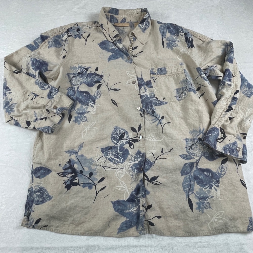 Kate Hill Woman 100% Linen Floral Button Up Shirt Tan Blue‎ Plus Size 2X
